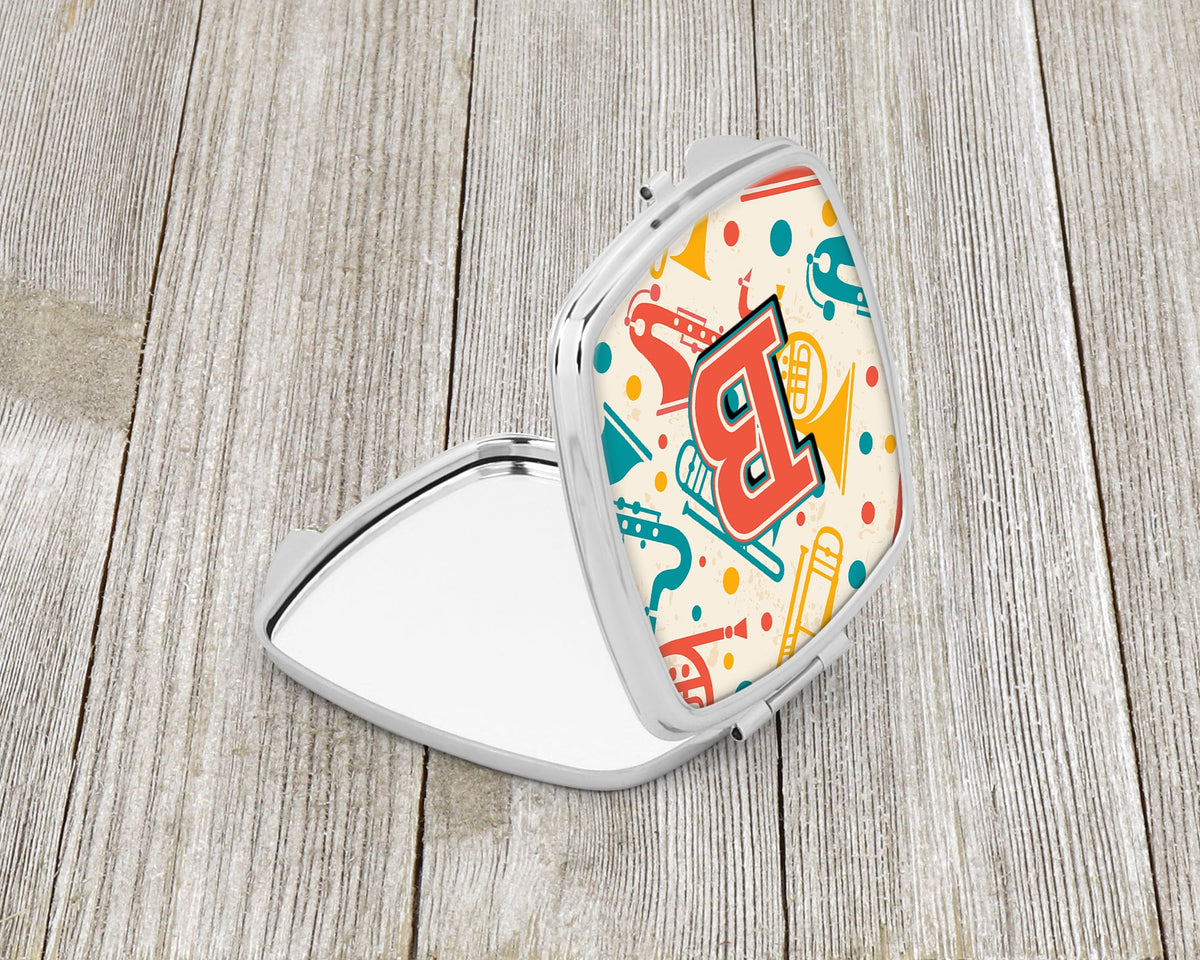 Letter B Retro Teal Orange Musical Instruments Initial Compact Mirror Decorative Travel Makeup Mirror for Women Girls Gifts Pocket Makeup Mirror Folding Handheld