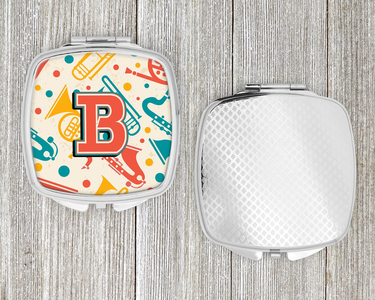 Letter B Retro Teal Orange Musical Instruments Initial Compact Mirror Decorative Travel Makeup Mirror for Women Girls Gifts Pocket Makeup Mirror Folding Handheld