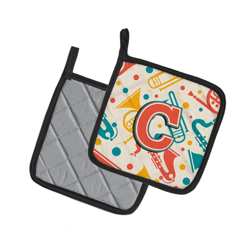 Letter C Retro Teal Orange Musical Instruments Initial Pot Holder Set of 2 Heat Resistant Quilted Hot Pads 7.5 x 7.5 Inch, Insulated Kitchen Trivets for Cooking & Baking