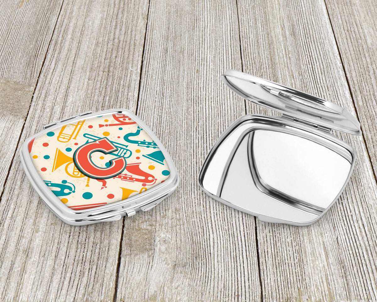 Letter C Retro Teal Orange Musical Instruments Initial Compact Mirror Decorative Travel Makeup Mirror for Women Girls Gifts Pocket Makeup Mirror Folding Handheld