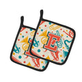 Letter E Retro Teal Orange Musical Instruments Initial Pot Holder Set of 2 Heat Resistant Quilted Hot Pads 7.5 x 7.5 Inch, Insulated Kitchen Trivets for Cooking & Baking