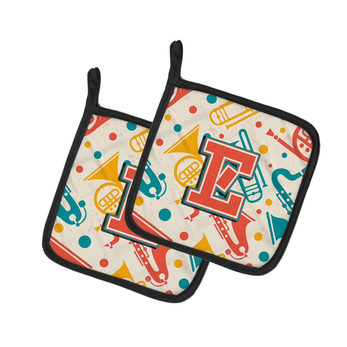 Letter E Retro Teal Orange Musical Instruments Initial Pot Holder Set of 2 Heat Resistant Quilted Hot Pads 7.5 x 7.5 Inch, Insulated Kitchen Trivets for Cooking & Baking