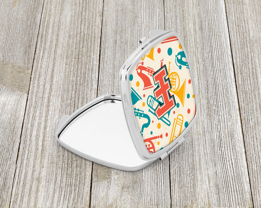 Letter F Retro Teal Orange Musical Instruments Initial Compact Mirror Decorative Travel Makeup Mirror for Women Girls Gifts Pocket Makeup Mirror Folding Handheld