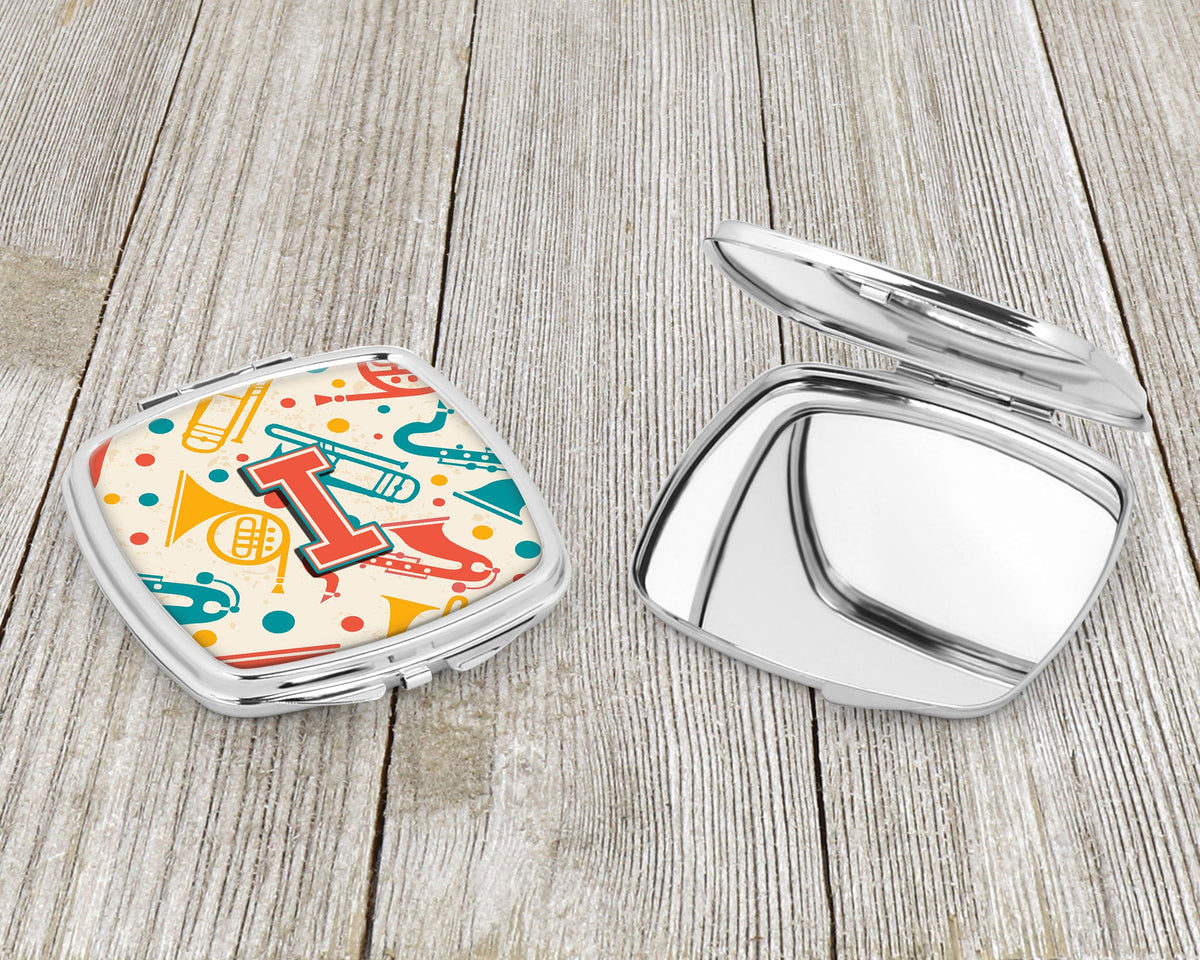 Letter I Retro Teal Orange Musical Instruments Initial Compact Mirror Decorative Travel Makeup Mirror for Women Girls Gifts Pocket Makeup Mirror Folding Handheld