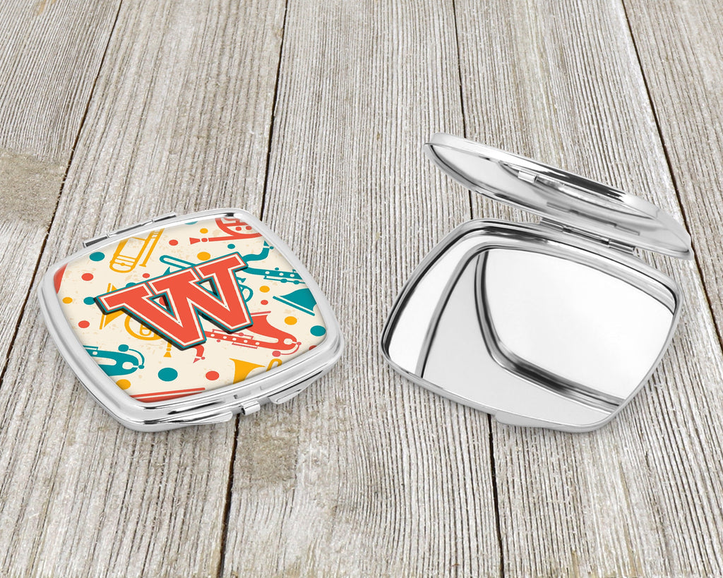 Letter W Retro Teal Orange Musical Instruments Initial Compact Mirror Decorative Travel Makeup Mirror for Women Girls Gifts Pocket Makeup Mirror Folding Handheld