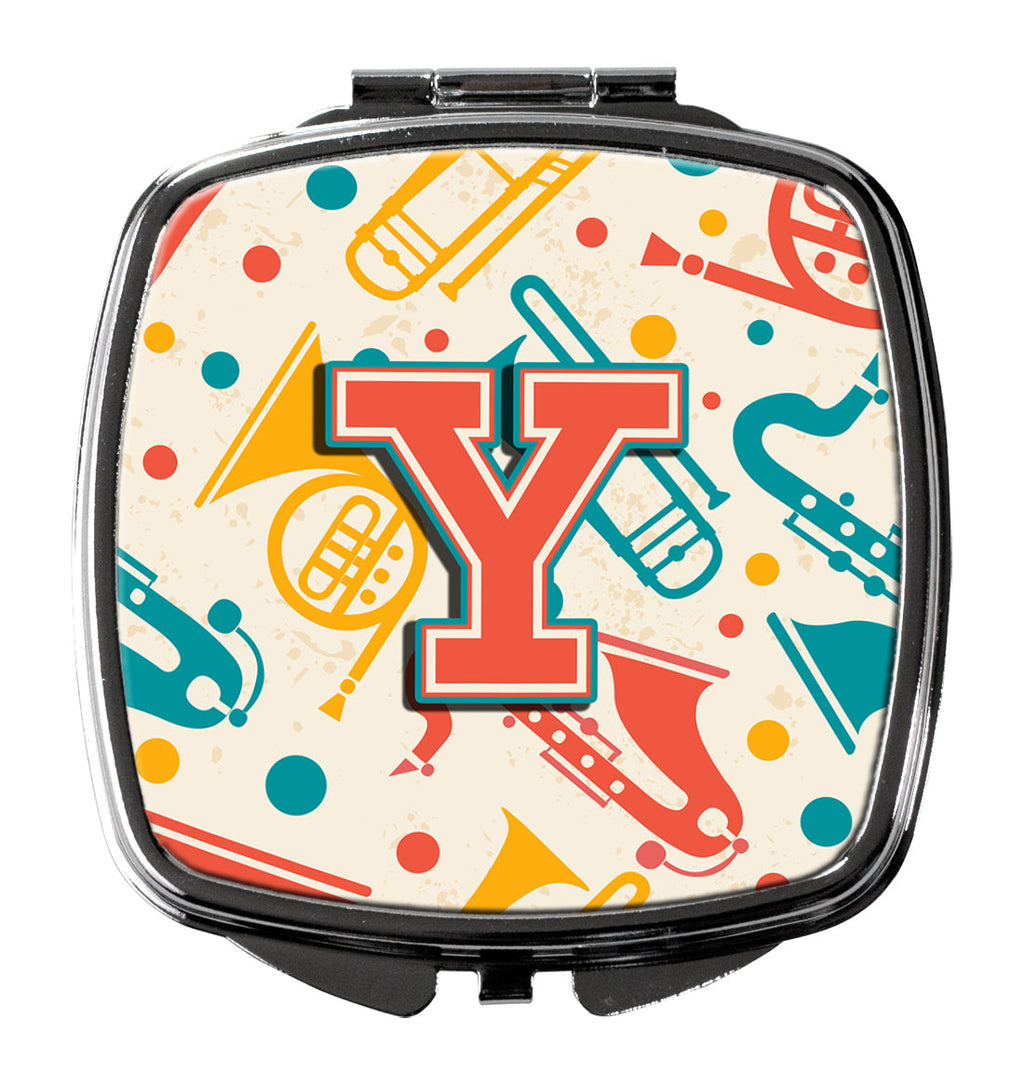 Letter Y Retro Teal Orange Musical Instruments Initial Compact Mirror Decorative Travel Makeup Mirror for Women Girls Gifts Pocket Makeup Mirror Folding Handheld