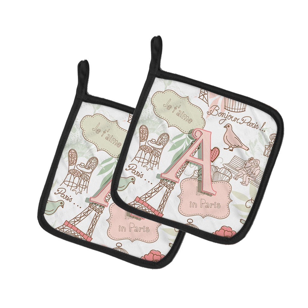 Letter A Love in Paris Pink Pot Holder Set of 2 Heat Resistant Quilted Hot Pads 7.5 x 7.5 Inch, Insulated Kitchen Trivets for Cooking & Baking