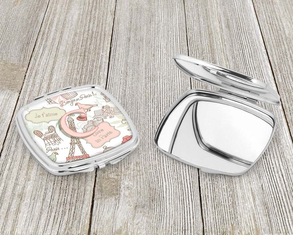 Letter C Love in Paris Pink Compact Mirror Decorative Travel Makeup Mirror for Women Girls Gifts Pocket Makeup Mirror Folding Handheld