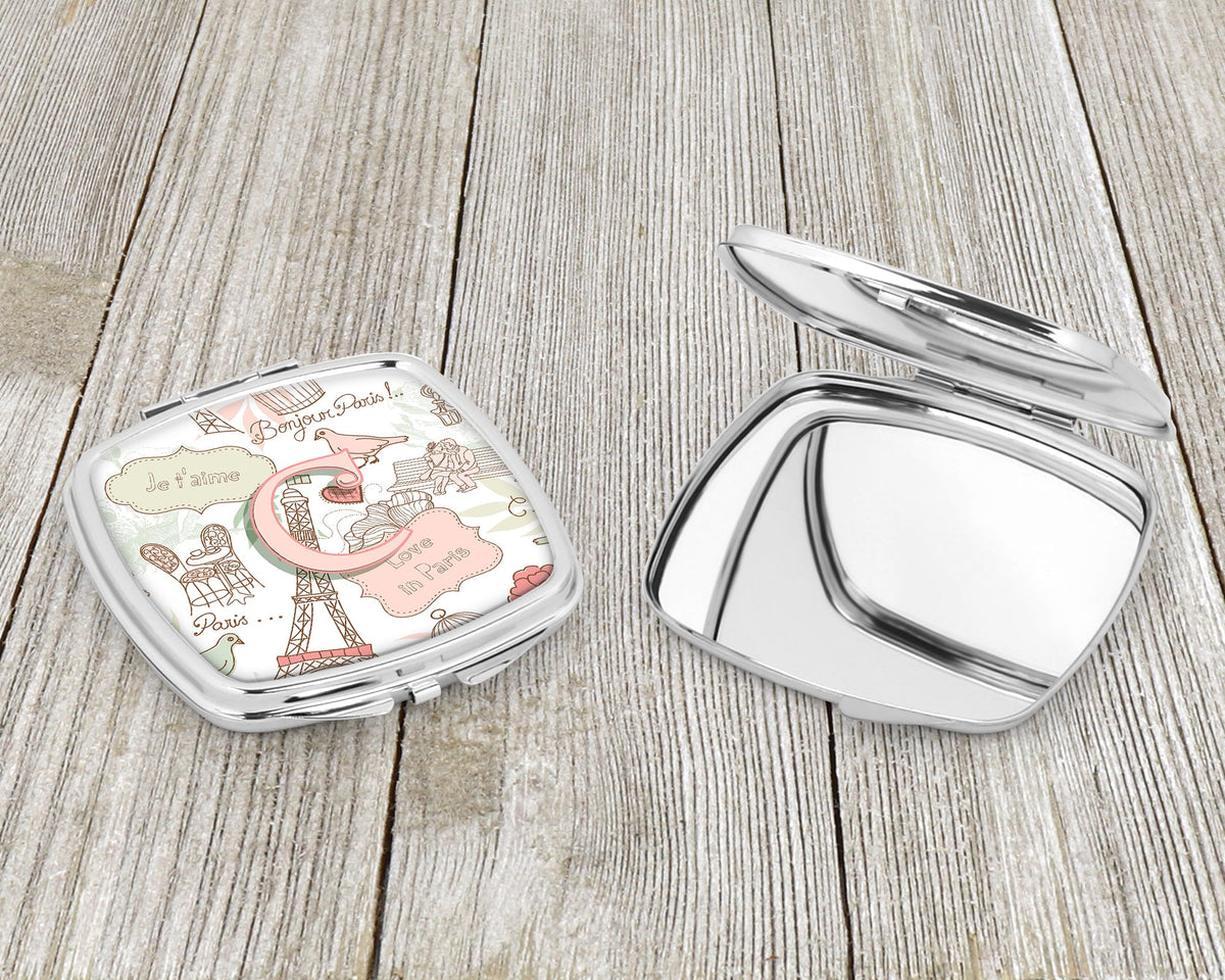 Letter C Love in Paris Pink Compact Mirror Decorative Travel Makeup Mirror for Women Girls Gifts Pocket Makeup Mirror Folding Handheld
