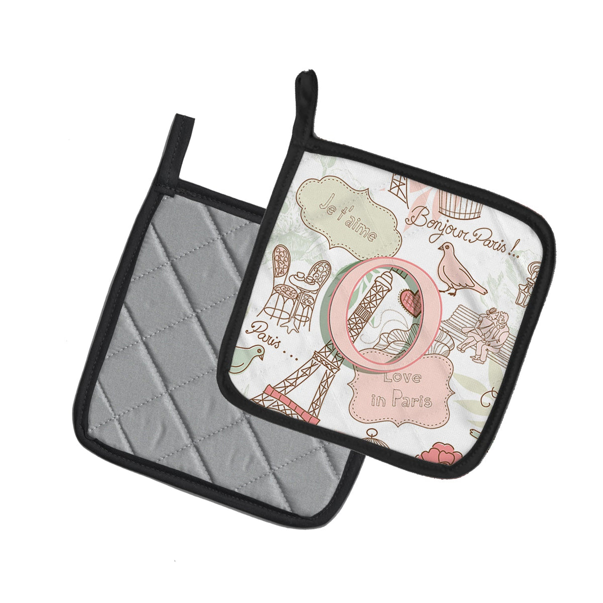 Letter O Love in Paris Pink Pot Holder Set of 2 Heat Resistant Quilted Hot Pads 7.5 x 7.5 Inch, Insulated Kitchen Trivets for Cooking & Baking