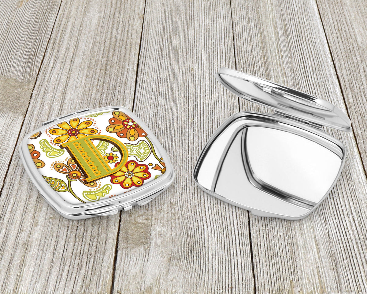 Letter D Floral Mustard and Green Compact Mirror Decorative Travel Makeup Mirror for Women Girls Gifts Pocket Makeup Mirror Folding Handheld