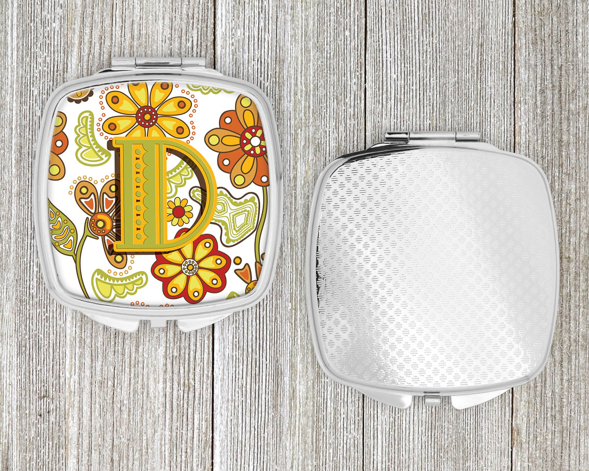 Letter D Floral Mustard and Green Compact Mirror Decorative Travel Makeup Mirror for Women Girls Gifts Pocket Makeup Mirror Folding Handheld
