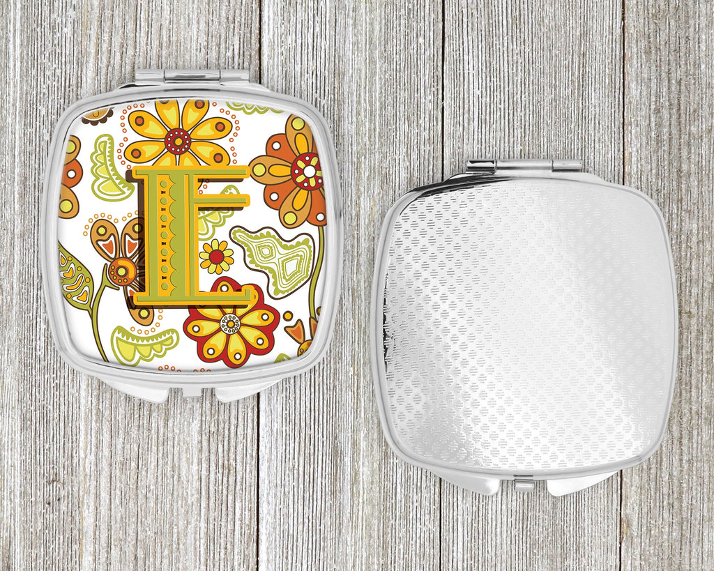 Letter E Floral Mustard and Green Compact Mirror Decorative Travel Makeup Mirror for Women Girls Gifts Pocket Makeup Mirror Folding Handheld