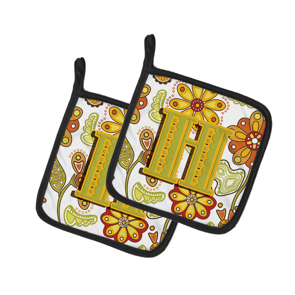 Letter H Floral Mustard and Green Pot Holder Set of 2 Heat Resistant Quilted Hot Pads 7.5 x 7.5 Inch, Insulated Kitchen Trivets for Cooking & Baking