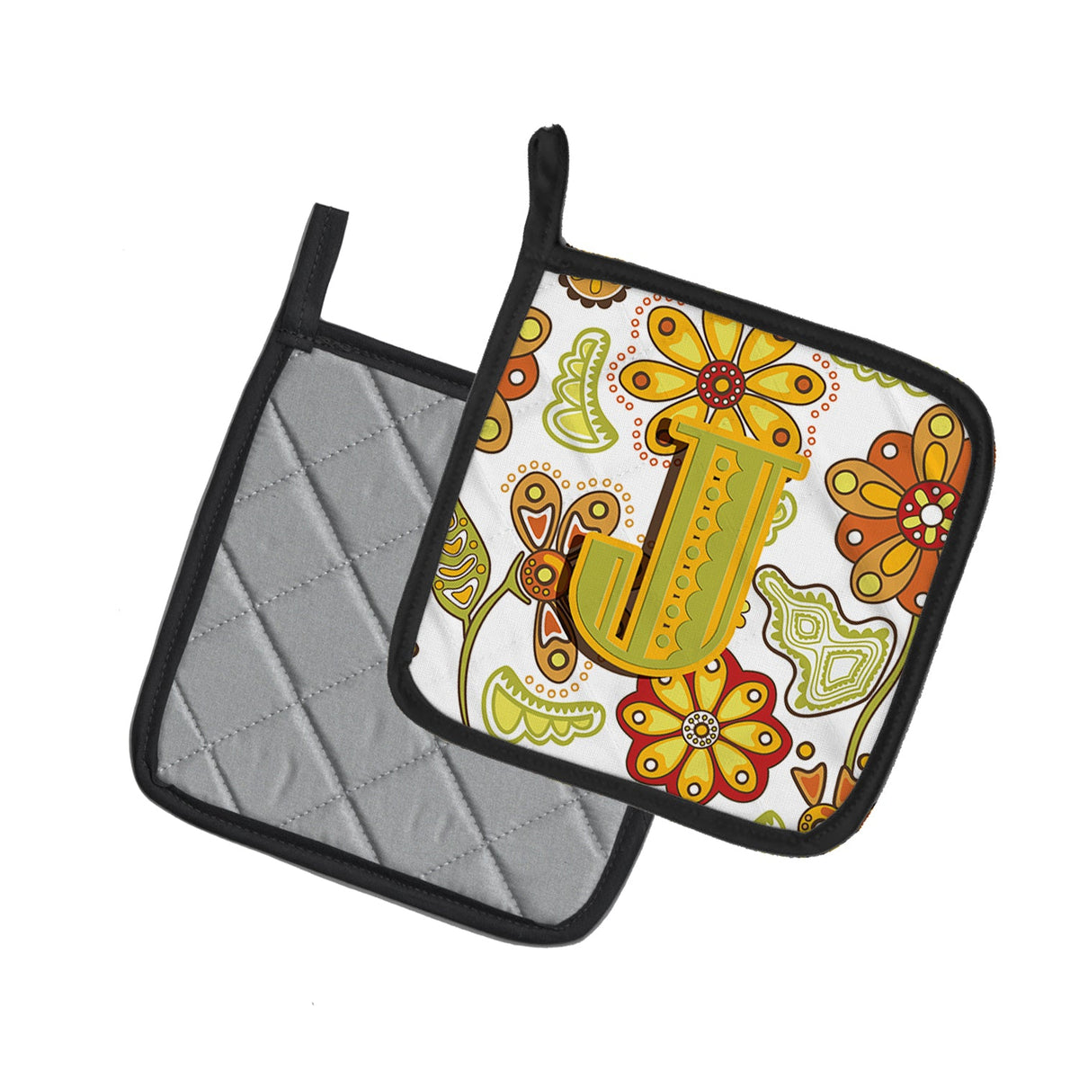 Letter J Floral Mustard and Green Pot Holder Set of 2 Heat Resistant Quilted Hot Pads 7.5 x 7.5 Inch, Insulated Kitchen Trivets for Cooking & Baking