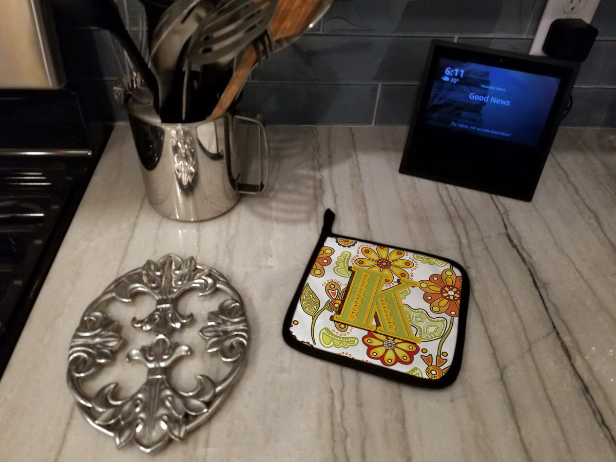 Letter K Floral Mustard and Green Pot Holder Set of 2 Heat Resistant Quilted Hot Pads 7.5 x 7.5 Inch, Insulated Kitchen Trivets for Cooking & Baking