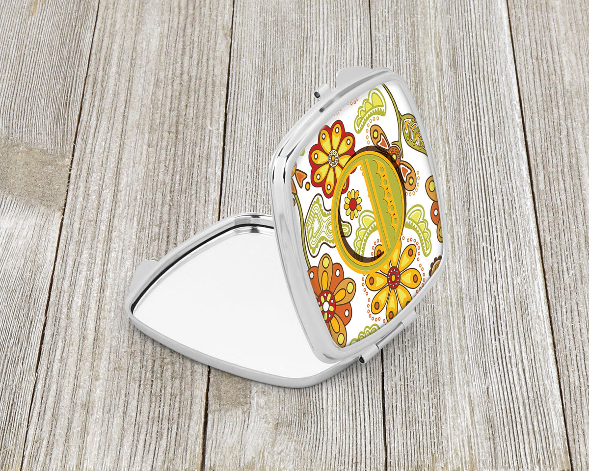 Letter O Floral Mustard and Green Compact Mirror Decorative Travel Makeup Mirror for Women Girls Gifts Pocket Makeup Mirror Folding Handheld