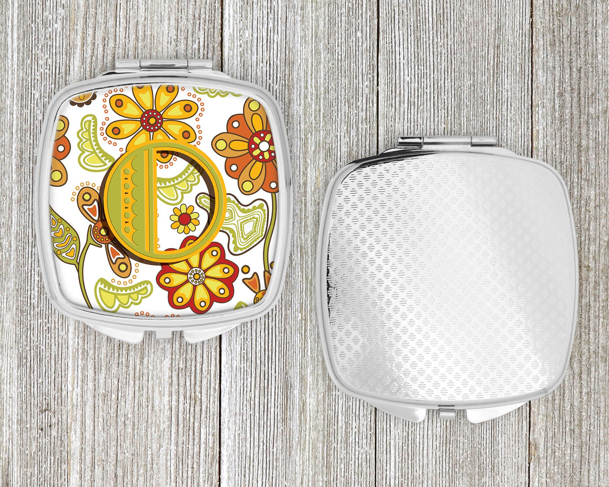 Letter O Floral Mustard and Green Compact Mirror Decorative Travel Makeup Mirror for Women Girls Gifts Pocket Makeup Mirror Folding Handheld