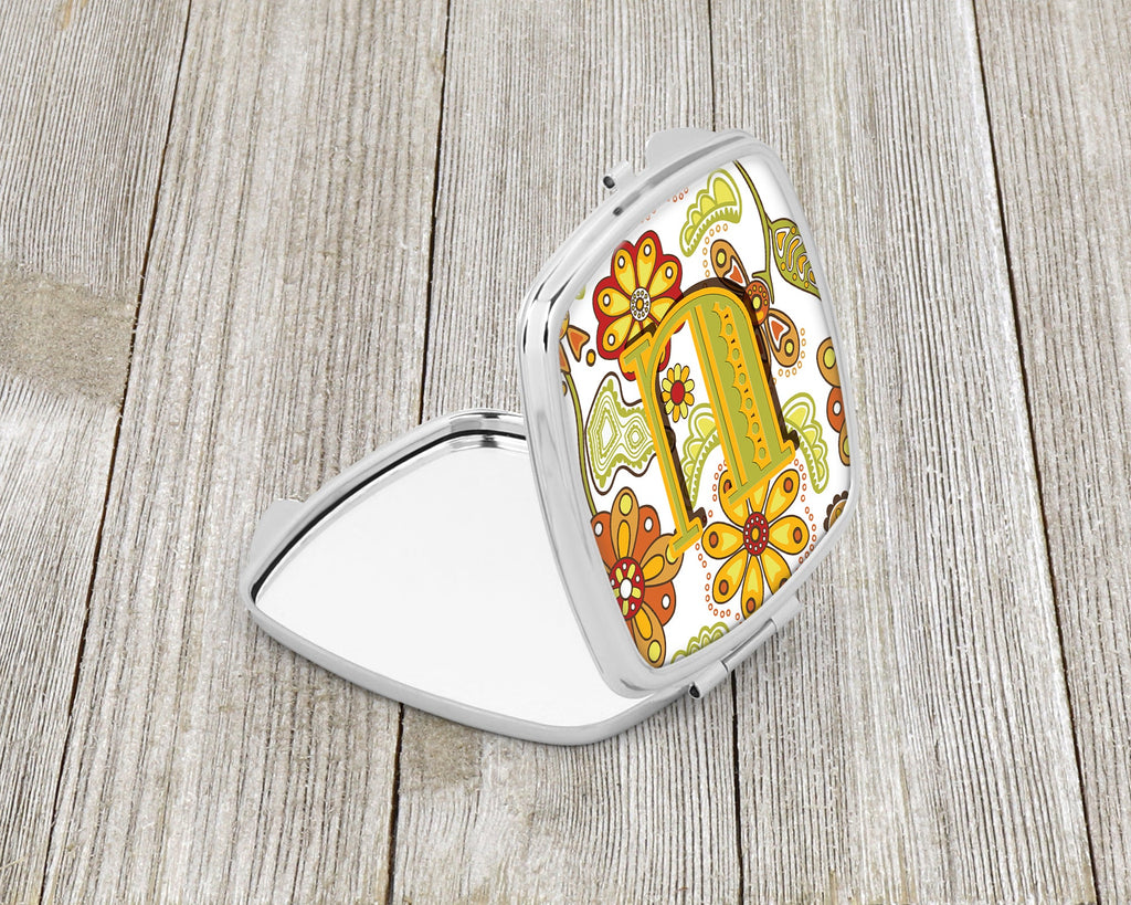 Letter U Floral Mustard and Green Compact Mirror Decorative Travel Makeup Mirror for Women Girls Gifts Pocket Makeup Mirror Folding Handheld