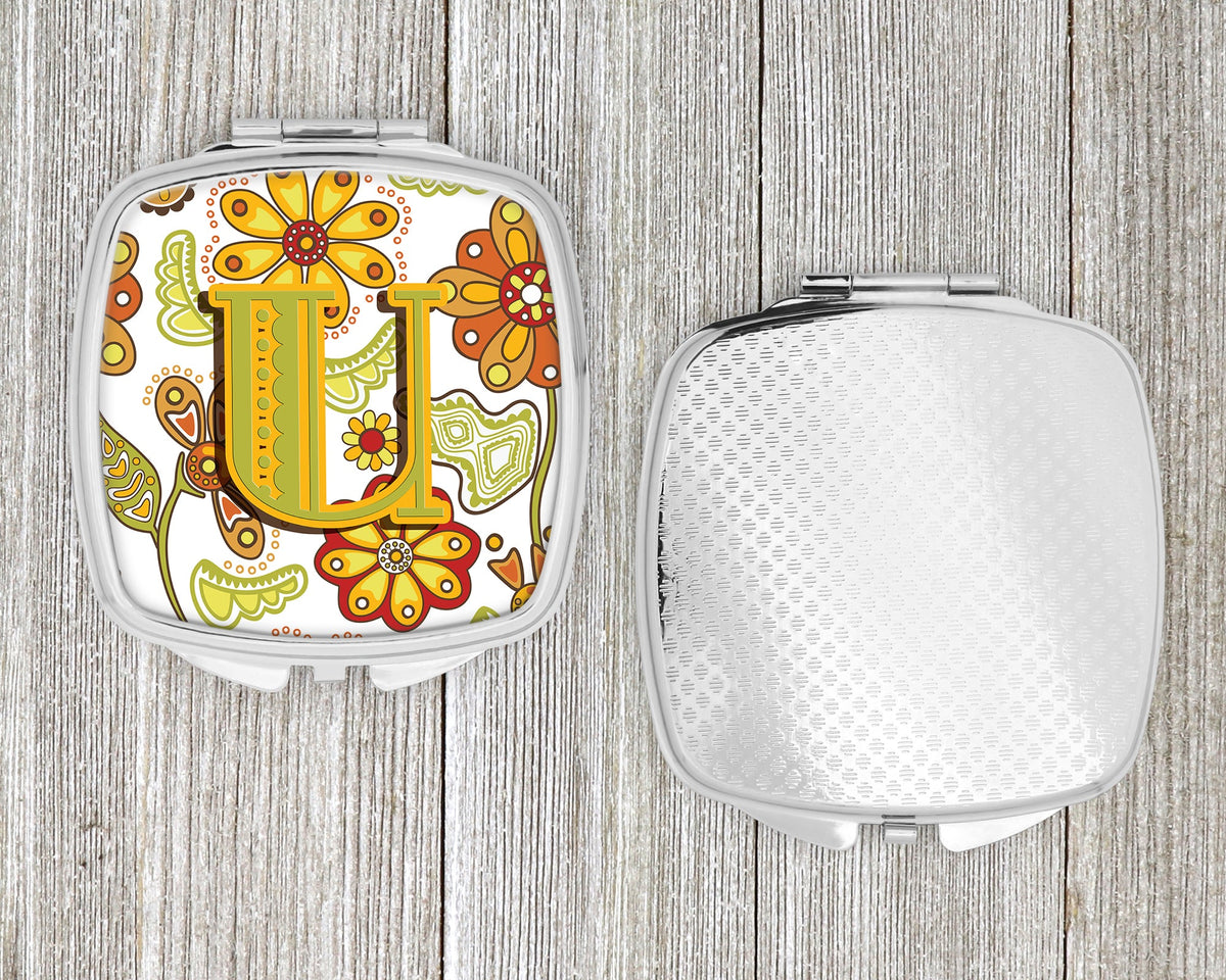 Letter U Floral Mustard and Green Compact Mirror Decorative Travel Makeup Mirror for Women Girls Gifts Pocket Makeup Mirror Folding Handheld