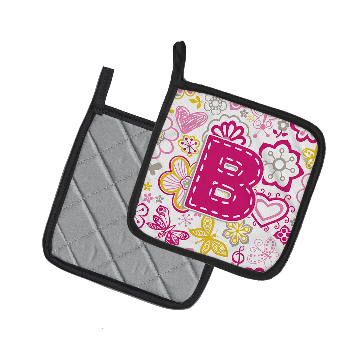 Letter B Flowers and Butterflies Pink Pot Holder Set of 2 Heat Resistant Quilted Hot Pads 7.5 x 7.5 Inch, Insulated Kitchen Trivets for Cooking & Baking