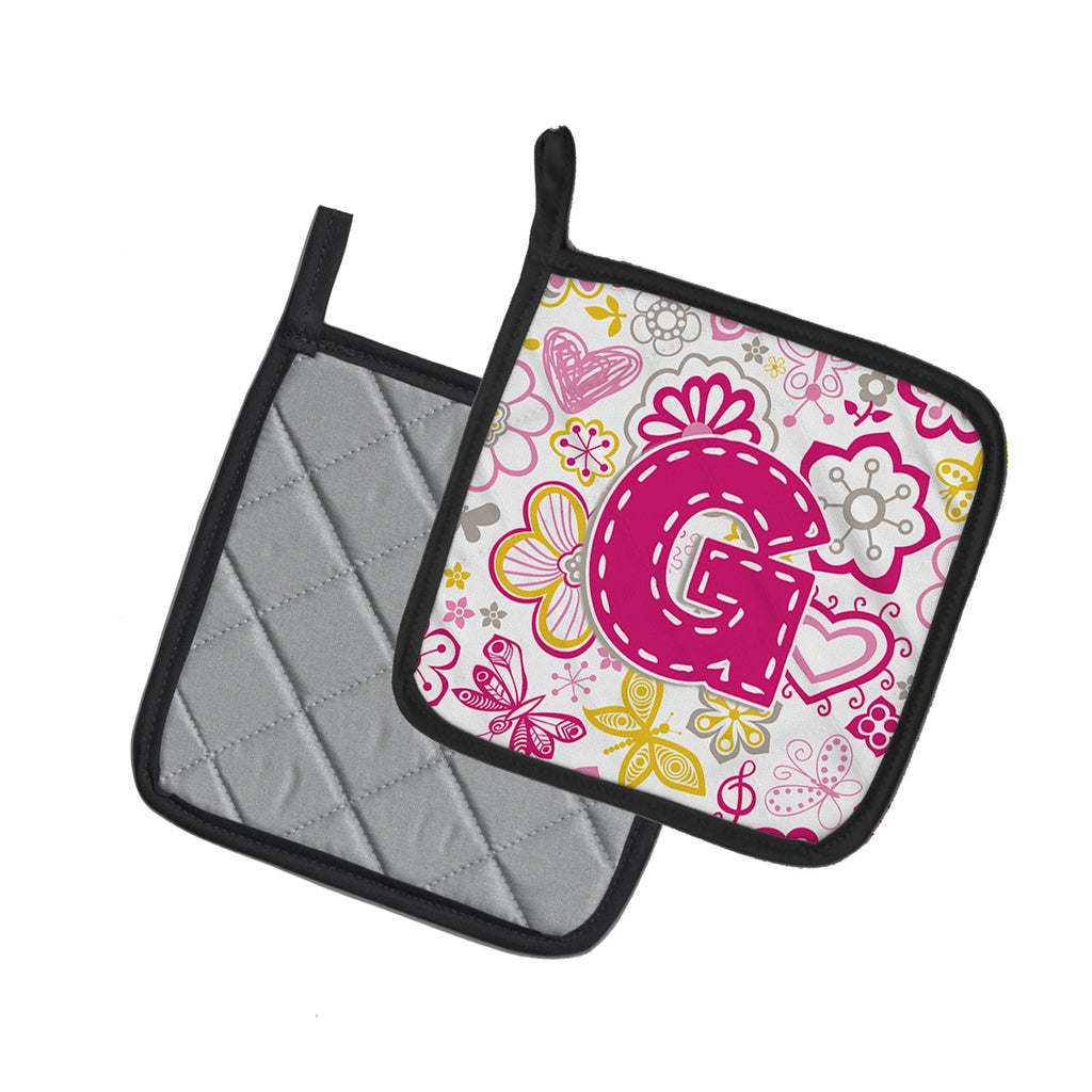 Letter G Flowers and Butterflies Pink Pot Holder Set of 2 Heat Resistant Quilted Hot Pads 7.5 x 7.5 Inch, Insulated Kitchen Trivets for Cooking & Baking