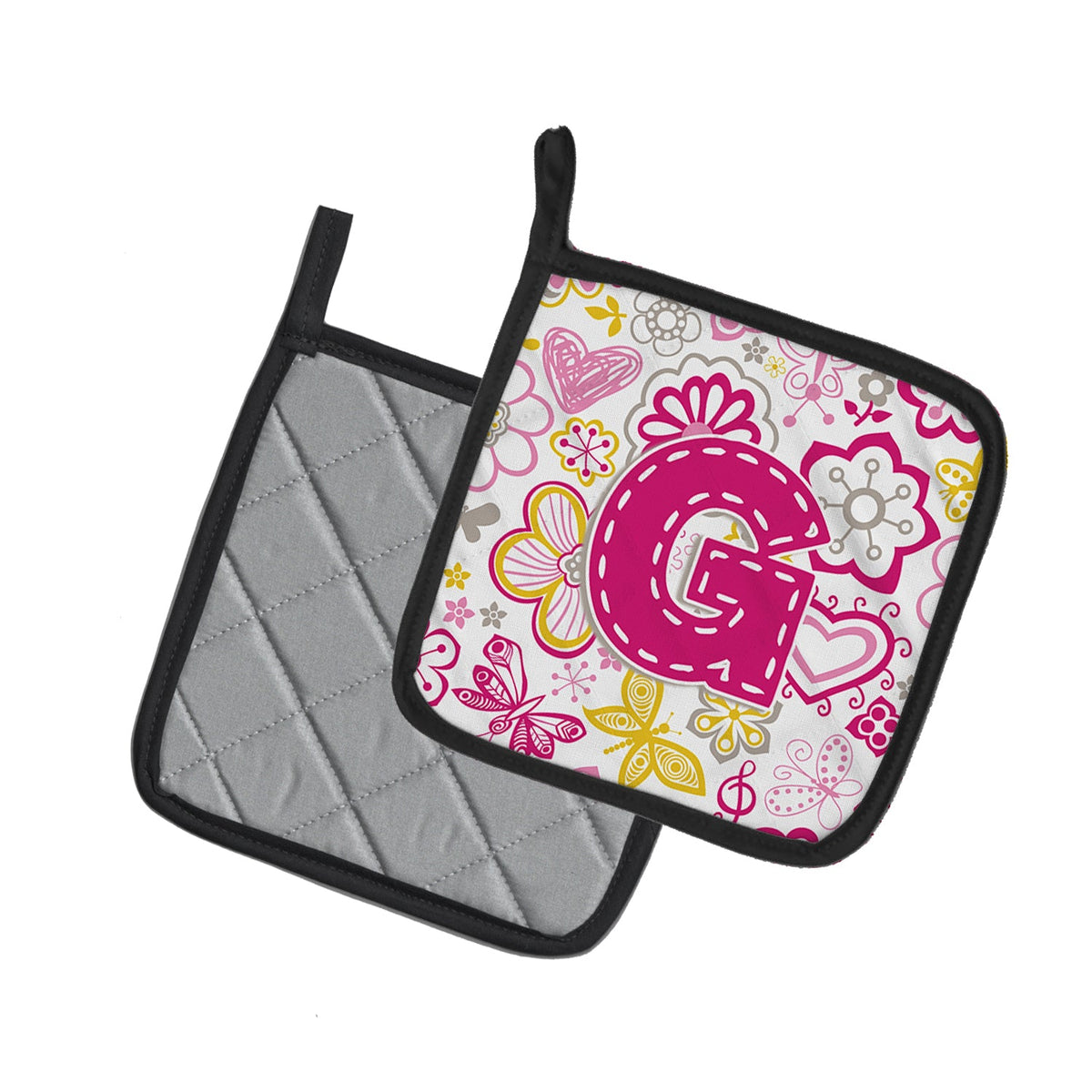 Letter G Flowers and Butterflies Pink Pot Holder Set of 2 Heat Resistant Quilted Hot Pads 7.5 x 7.5 Inch, Insulated Kitchen Trivets for Cooking & Baking