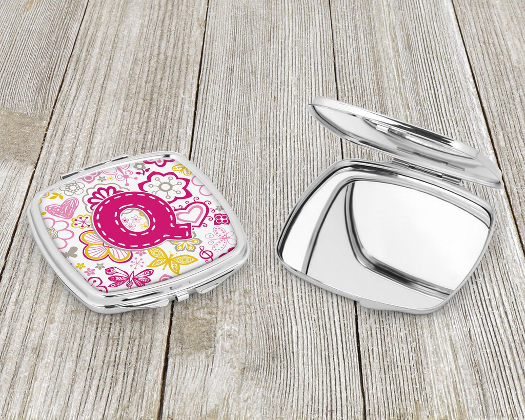 Letter Q Flowers and Butterflies Pink Compact Mirror Decorative Travel Makeup Mirror for Women Girls Gifts Pocket Makeup Mirror Folding Handheld