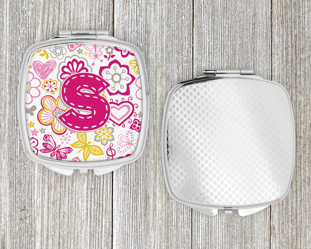 Letter S Flowers and Butterflies Pink Compact Mirror Decorative Travel Makeup Mirror for Women Girls Gifts Pocket Makeup Mirror Folding Handheld