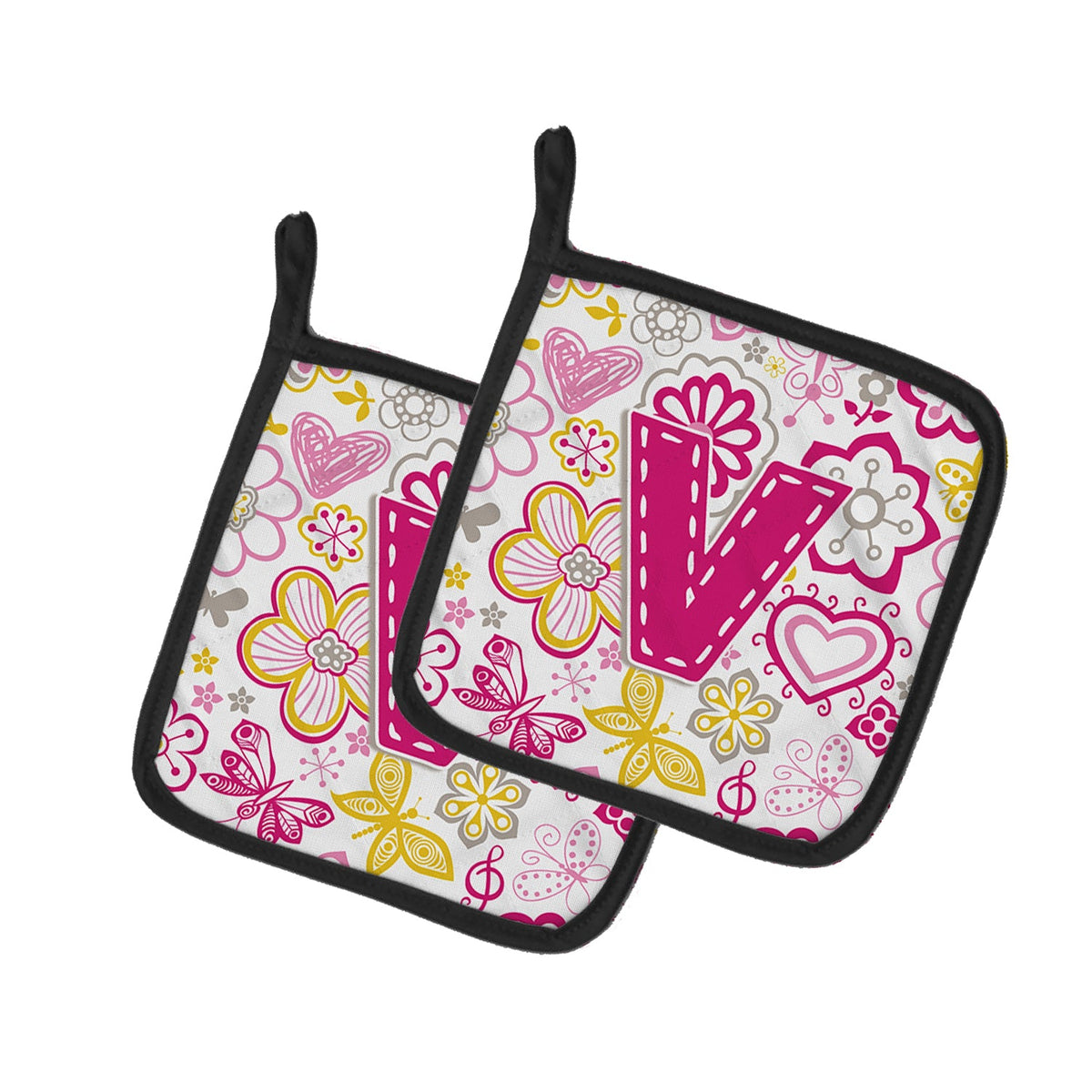 Letter V Flowers and Butterflies Pink Pot Holder Set of 2 Heat Resistant Quilted Hot Pads 7.5 x 7.5 Inch, Insulated Kitchen Trivets for Cooking & Baking