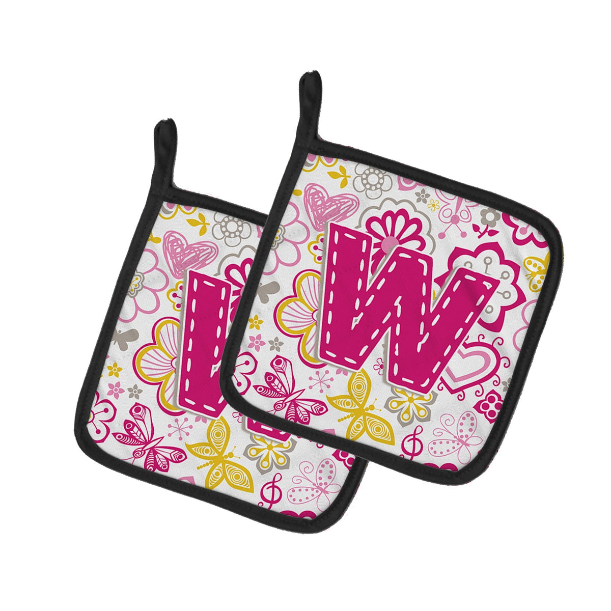 Letter W Flowers and Butterflies Pink Pot Holder Set of 2 Heat Resistant Quilted Hot Pads 7.5 x 7.5 Inch, Insulated Kitchen Trivets for Cooking & Baking
