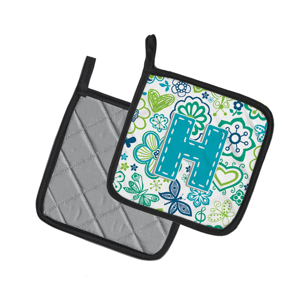 Letter H Flowers and Butterflies Teal Blue Pot Holder Set of 2 Heat Resistant Quilted Hot Pads 7.5 x 7.5 Inch, Insulated Kitchen Trivets for Cooking & Baking