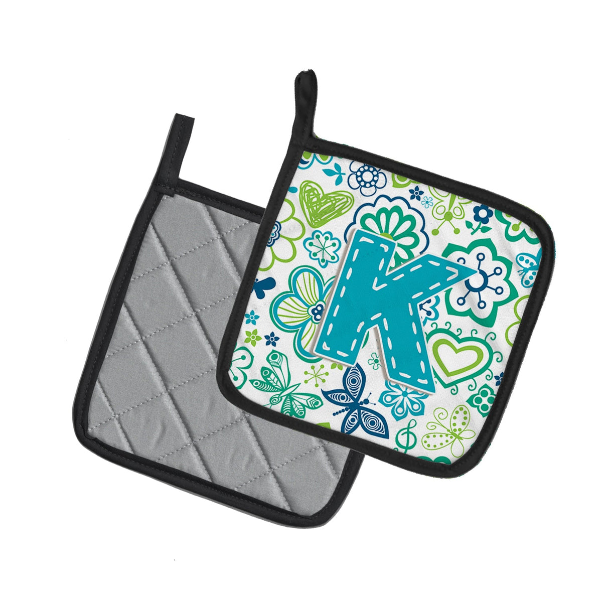 Letter K Flowers and Butterflies Teal Blue Pot Holder Set of 2 Heat Resistant Quilted Hot Pads 7.5 x 7.5 Inch, Insulated Kitchen Trivets for Cooking & Baking