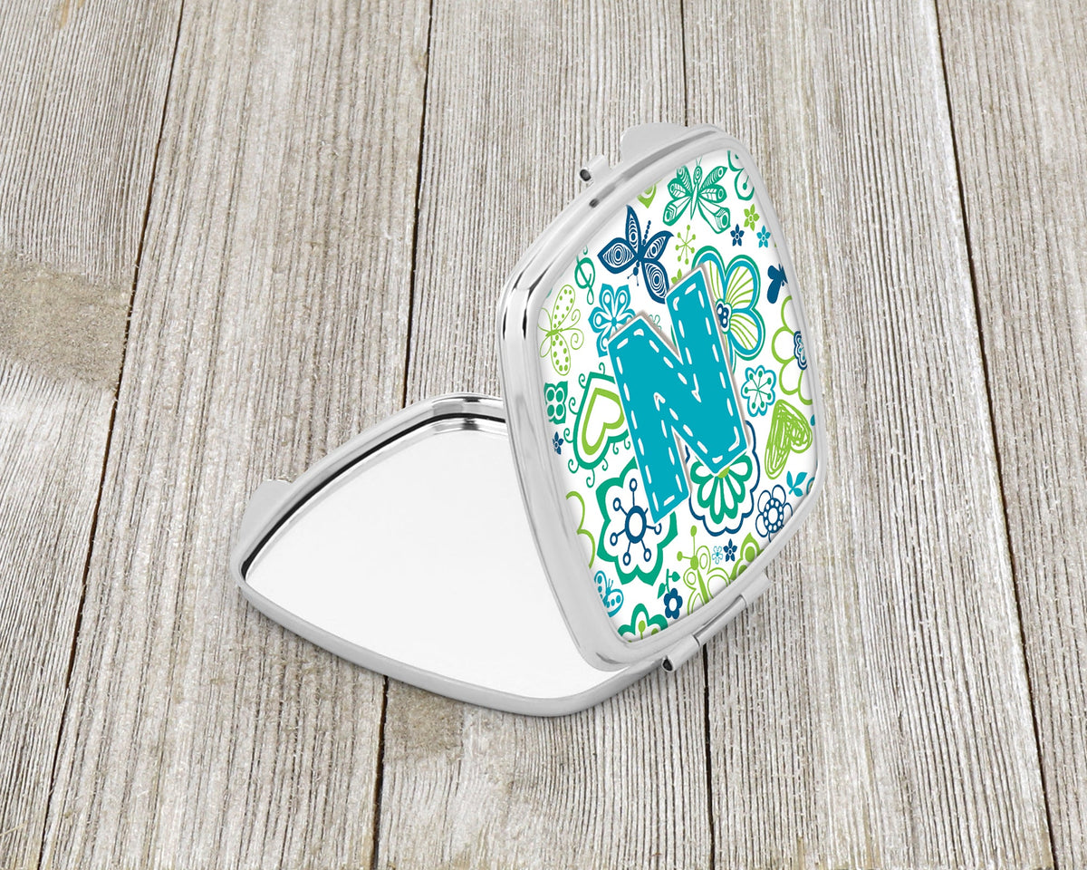 Letter N Flowers and Butterflies Teal Blue Compact Mirror Decorative Travel Makeup Mirror for Women Girls Gifts Pocket Makeup Mirror Folding Handheld