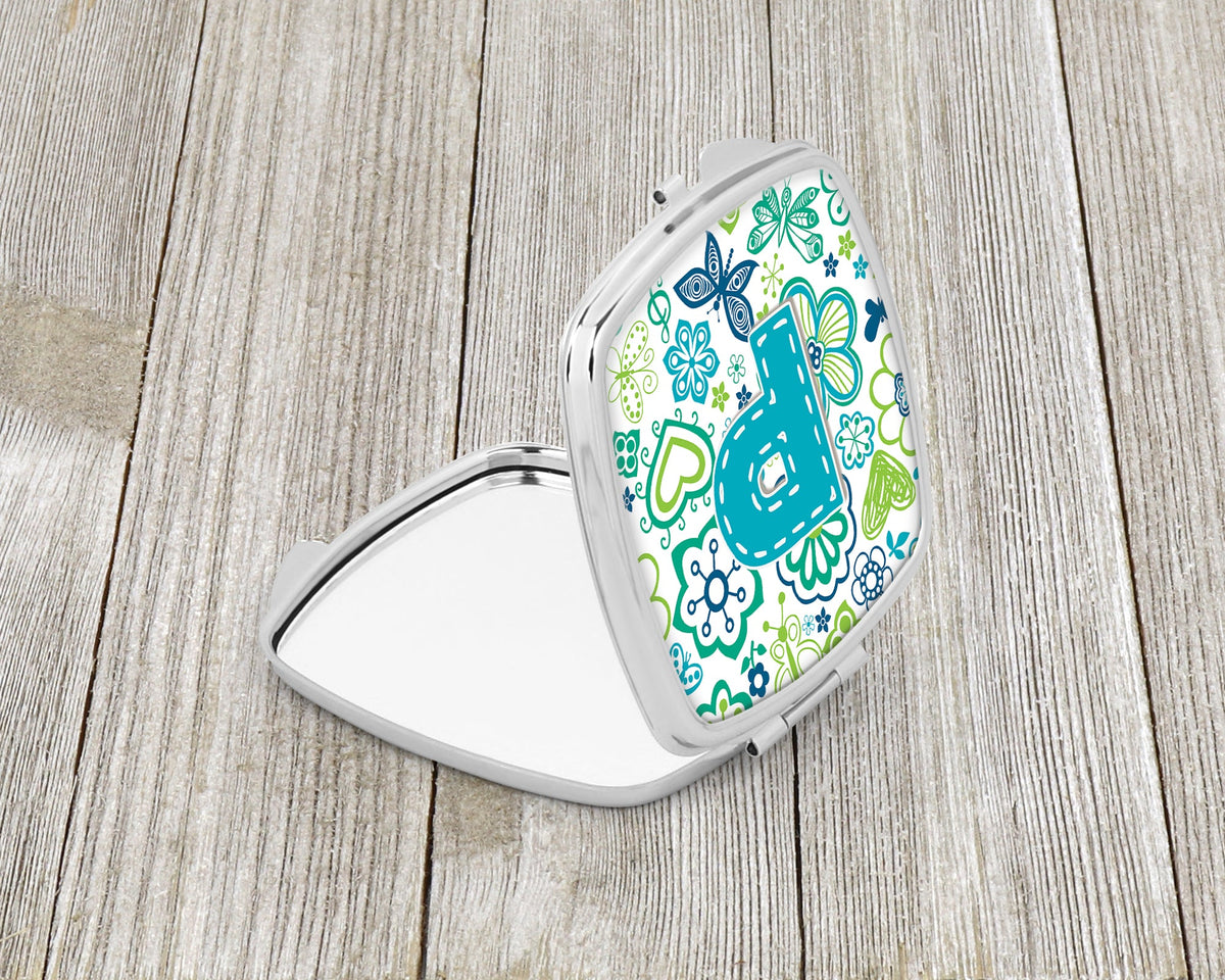 Letter P Flowers and Butterflies Teal Blue Compact Mirror Decorative Travel Makeup Mirror for Women Girls Gifts Pocket Makeup Mirror Folding Handheld