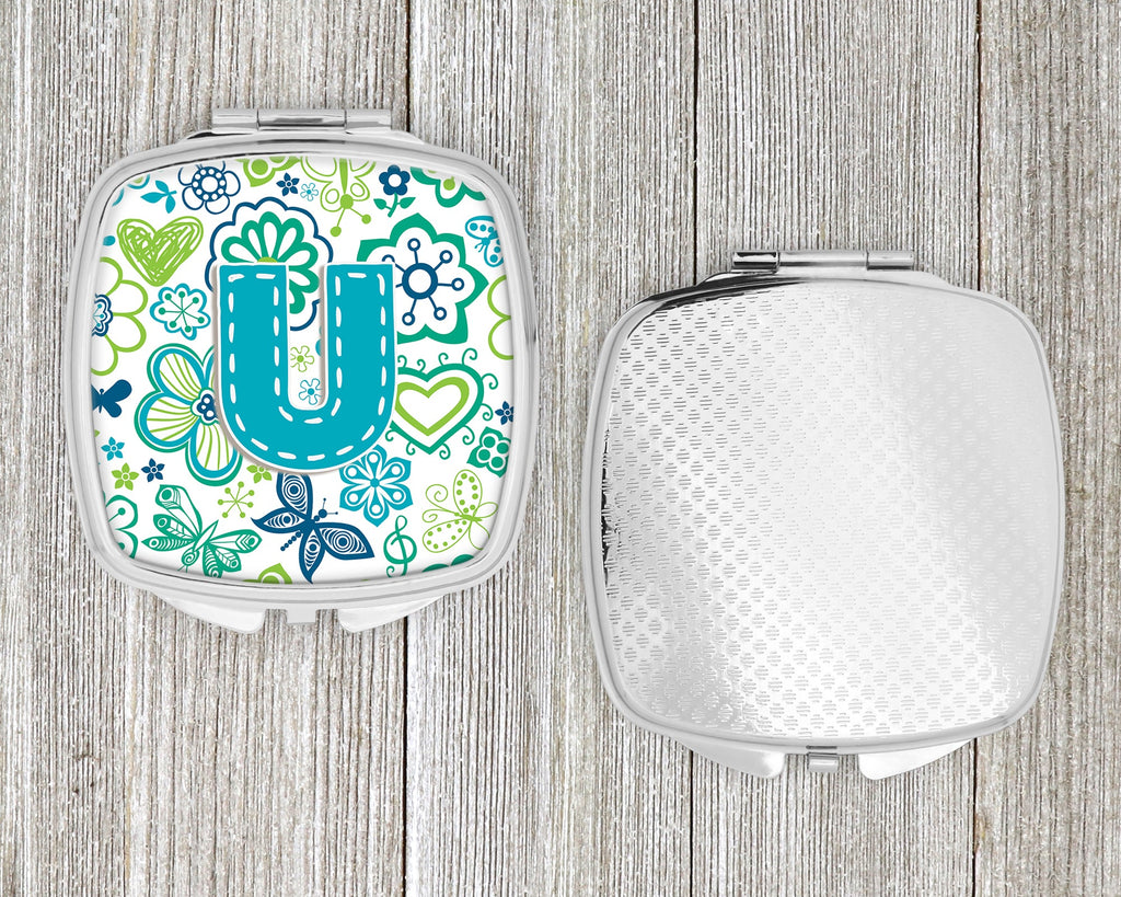 Letter U Flowers and Butterflies Teal Blue Compact Mirror Decorative Travel Makeup Mirror for Women Girls Gifts Pocket Makeup Mirror Folding Handheld