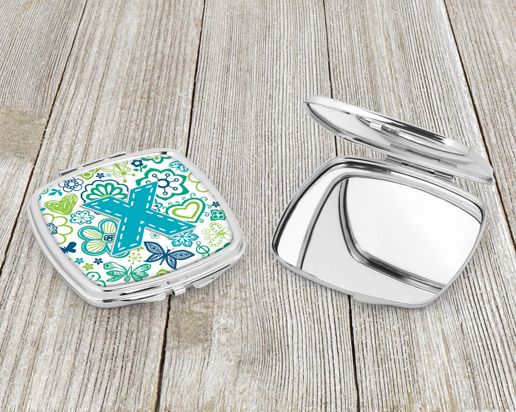 Letter X Flowers and Butterflies Teal Blue Compact Mirror Decorative Travel Makeup Mirror for Women Girls Gifts Pocket Makeup Mirror Folding Handheld