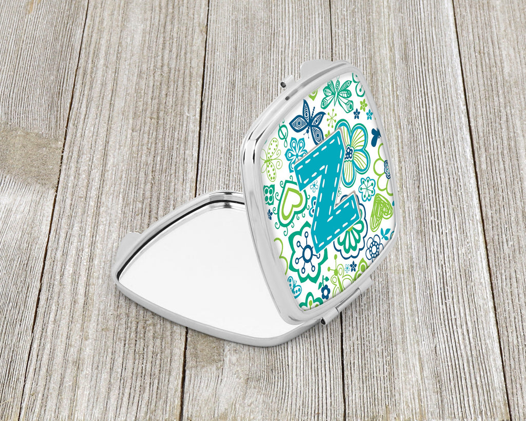 Letter Z Flowers and Butterflies Teal Blue Compact Mirror Decorative Travel Makeup Mirror for Women Girls Gifts Pocket Makeup Mirror Folding Handheld