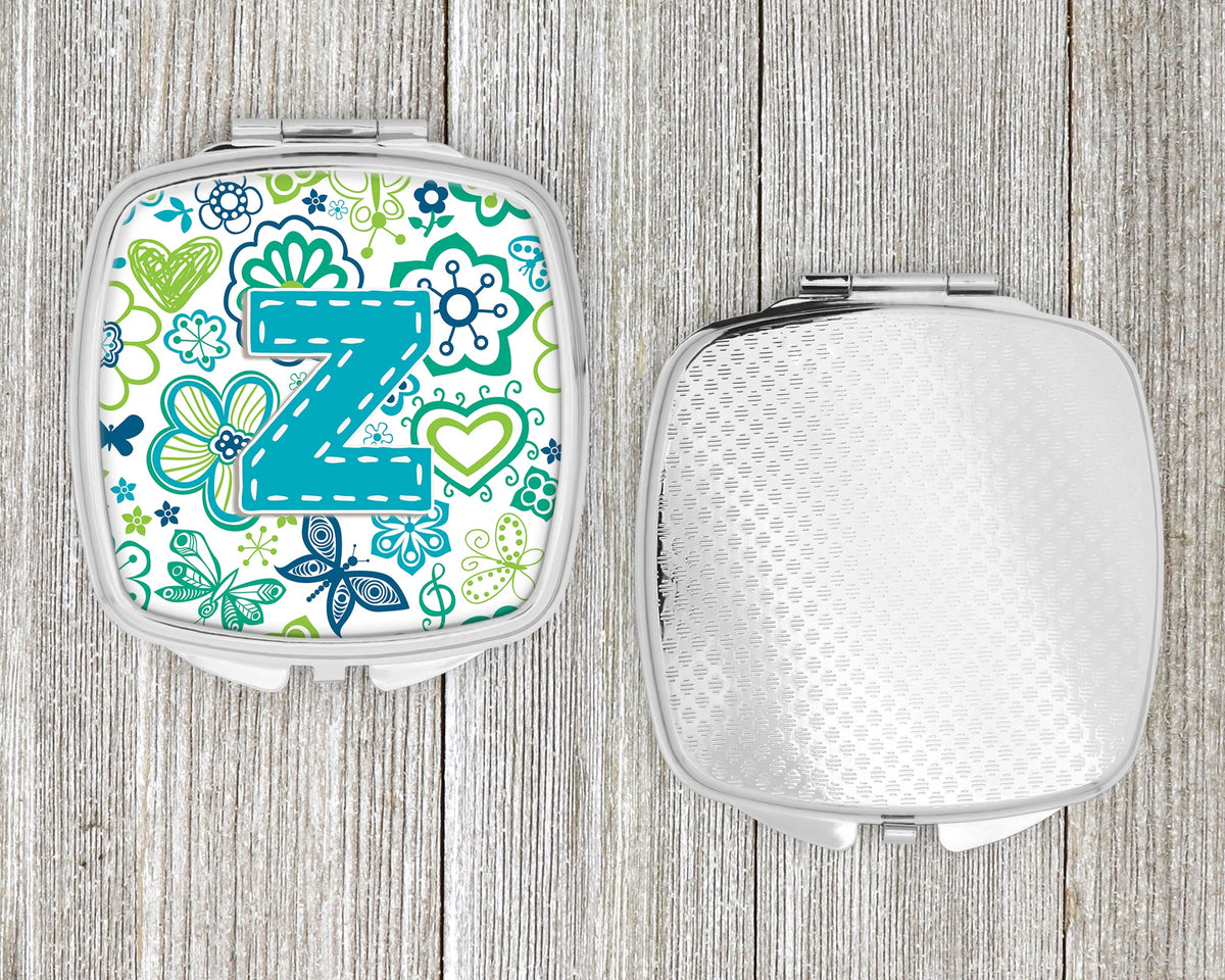 Letter Z Flowers and Butterflies Teal Blue Compact Mirror Decorative Travel Makeup Mirror for Women Girls Gifts Pocket Makeup Mirror Folding Handheld