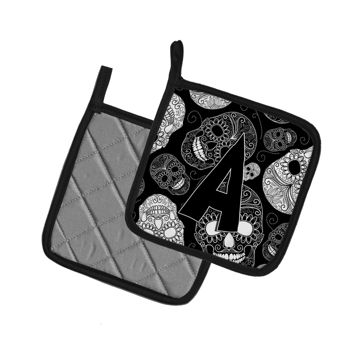 Letter A Day of the Dead Skulls Black Pot Holder Set of 2 Heat Resistant Quilted Hot Pads 7.5 x 7.5 Inch, Insulated Kitchen Trivets for Cooking & Baking