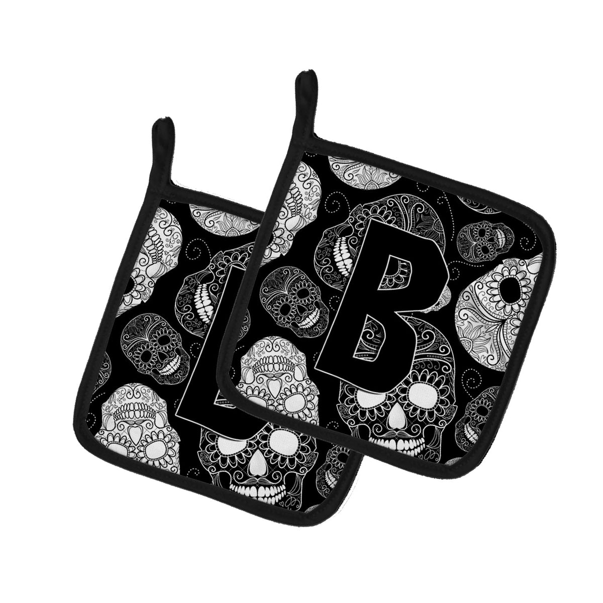 Letter B Day of the Dead Skulls Black Pot Holder Set of 2 Heat Resistant Quilted Hot Pads 7.5 x 7.5 Inch, Insulated Kitchen Trivets for Cooking & Baking