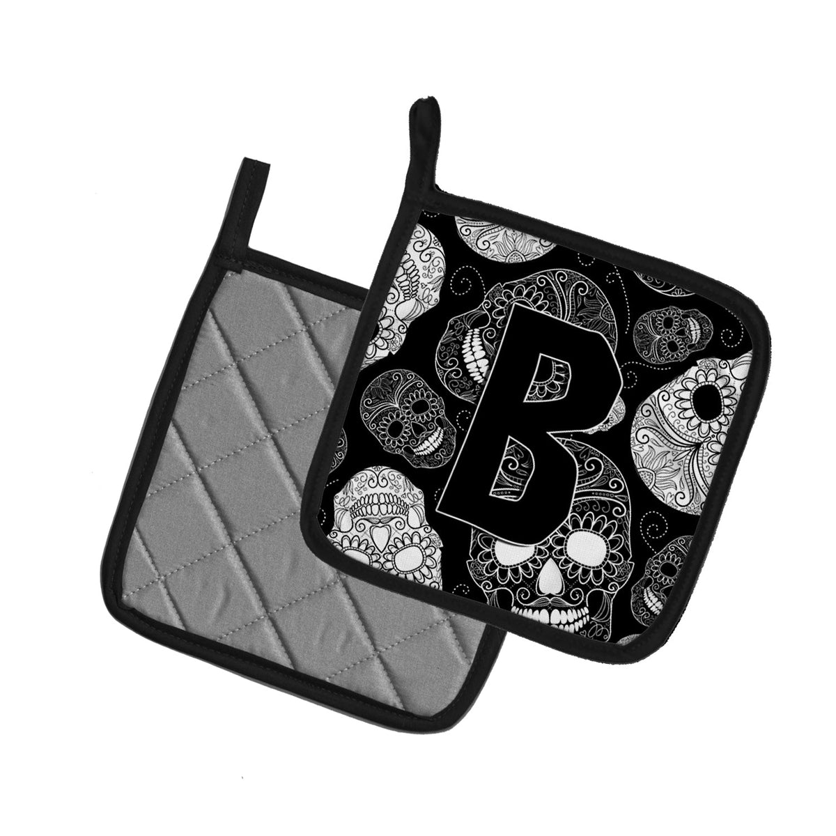 Letter B Day of the Dead Skulls Black Pot Holder Set of 2 Heat Resistant Quilted Hot Pads 7.5 x 7.5 Inch, Insulated Kitchen Trivets for Cooking & Baking
