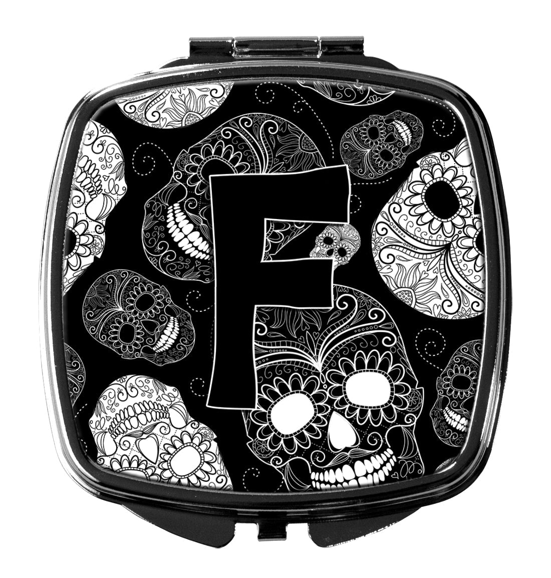 Letter F Day of the Dead Skulls Black Compact Mirror Decorative Travel Makeup Mirror for Women Girls Gifts Pocket Makeup Mirror Folding Handheld