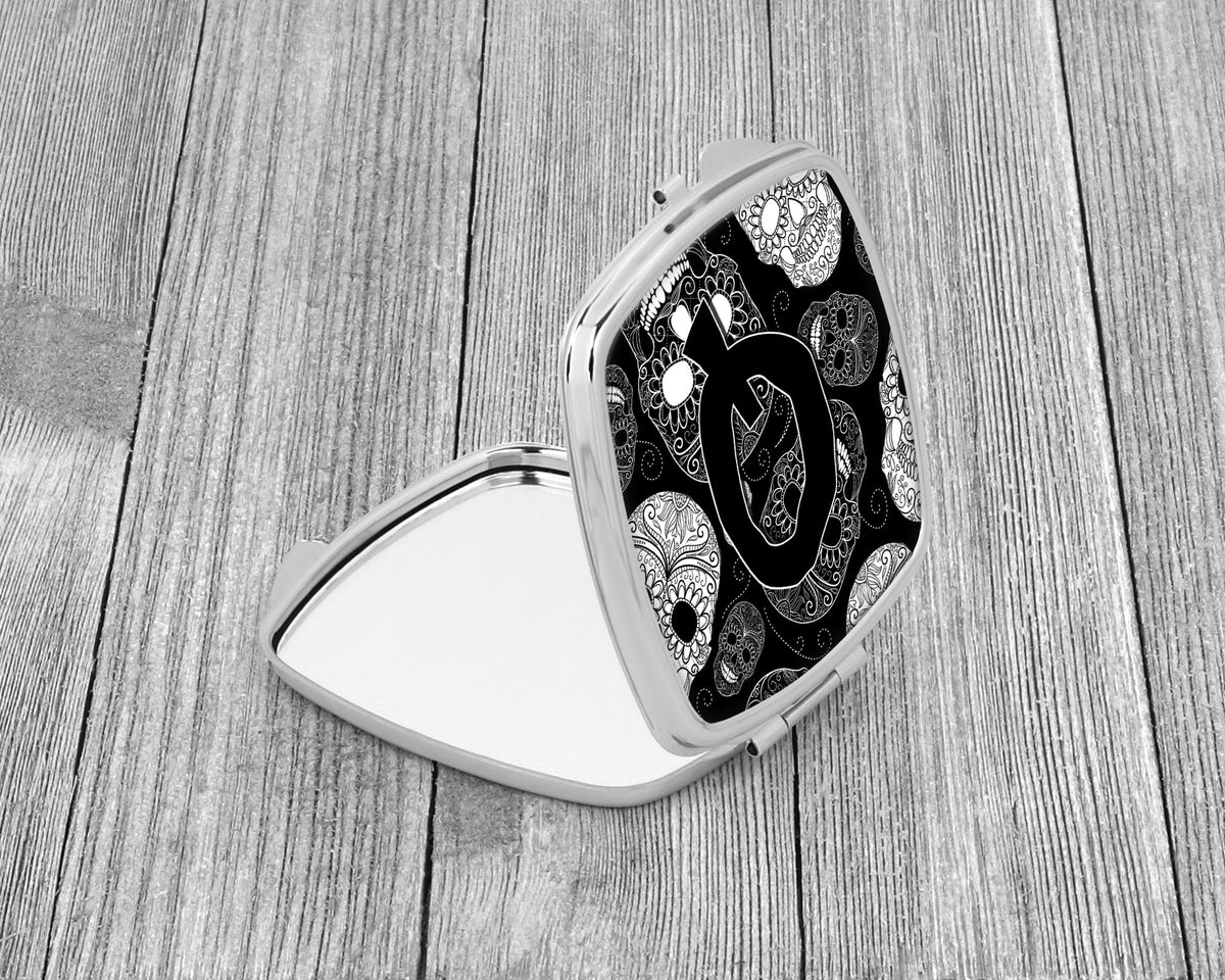 Letter Q Day of the Dead Skulls Black Compact Mirror Decorative Travel Makeup Mirror for Women Girls Gifts Pocket Makeup Mirror Folding Handheld