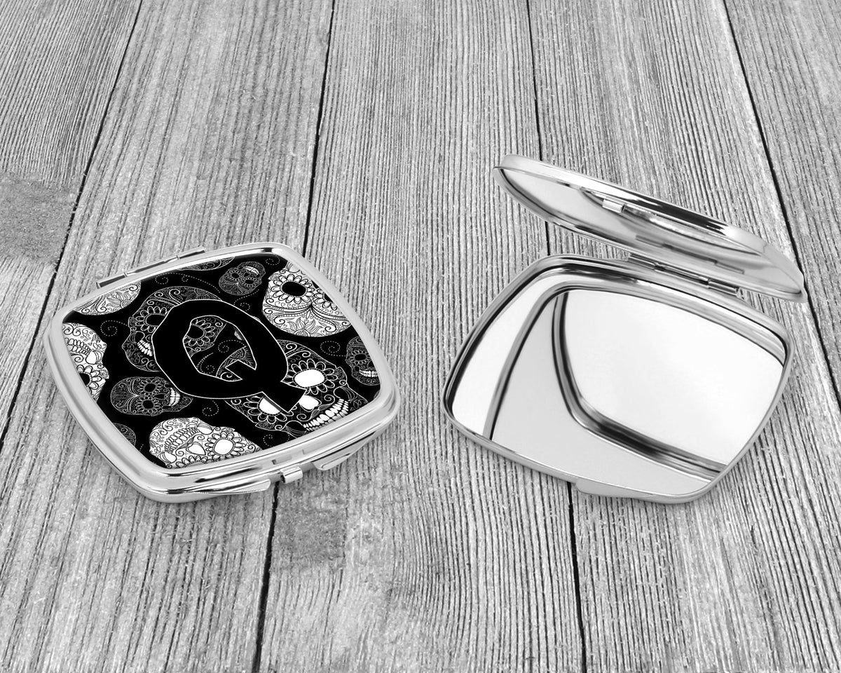 Letter Q Day of the Dead Skulls Black Compact Mirror Decorative Travel Makeup Mirror for Women Girls Gifts Pocket Makeup Mirror Folding Handheld