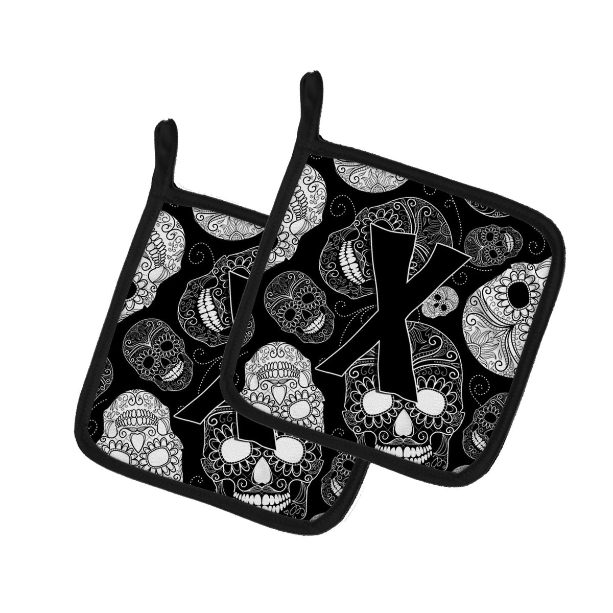 Letter X Day of the Dead Skulls Black Pot Holder Set of 2 Heat Resistant Quilted Hot Pads 7.5 x 7.5 Inch, Insulated Kitchen Trivets for Cooking & Baking