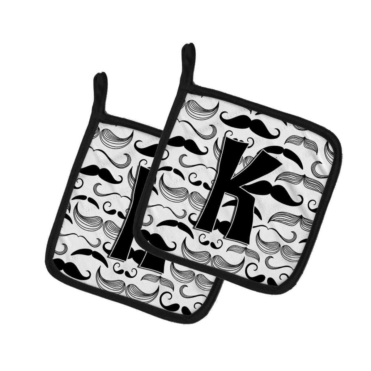 Letter K Moustache Initial Pot Holder Set of 2 Heat Resistant Quilted Hot Pads 7.5 x 7.5 Inch, Insulated Kitchen Trivets for Cooking & Baking