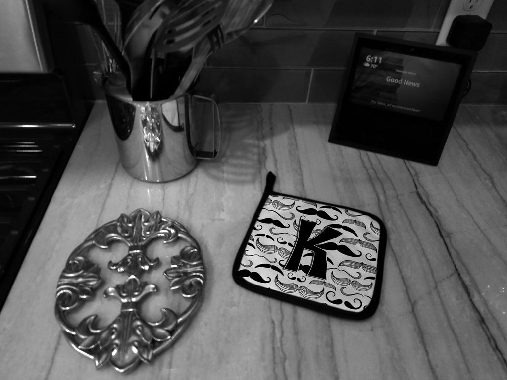 Letter K Moustache Initial Pot Holder Set of 2 Heat Resistant Quilted Hot Pads 7.5 x 7.5 Inch, Insulated Kitchen Trivets for Cooking & Baking