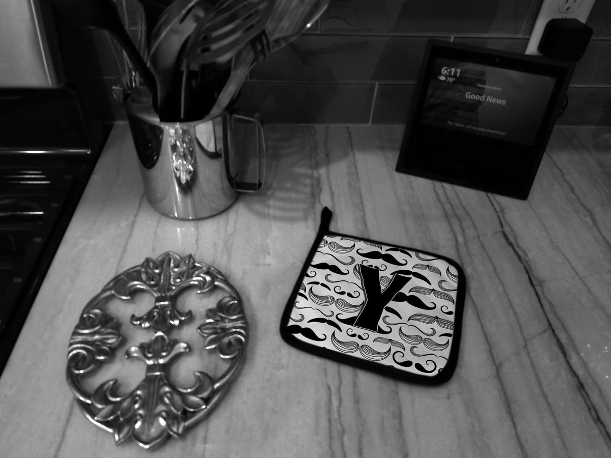 Letter Y Moustache Initial Pot Holder Set of 2 Heat Resistant Quilted Hot Pads 7.5 x 7.5 Inch, Insulated Kitchen Trivets for Cooking & Baking