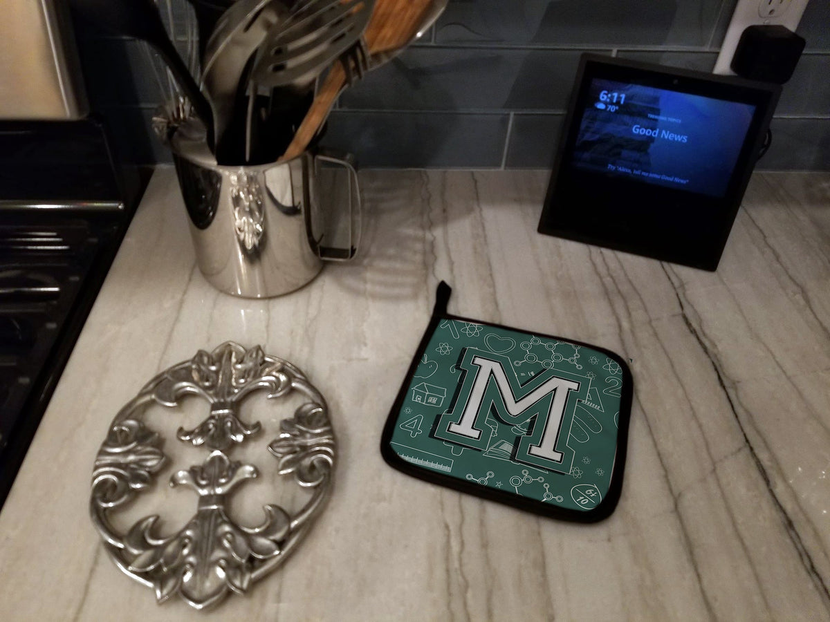 Letter M Back to School Initial Pot Holder Set of 2 Heat Resistant Quilted Hot Pads 7.5 x 7.5 Inch, Insulated Kitchen Trivets for Cooking & Baking